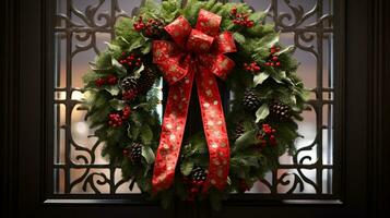 ai generative Christmas wreath with red bow and berries on the door close up photo