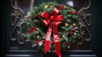 ai generative Christmas wreath with red bow and berries on the door close up photo