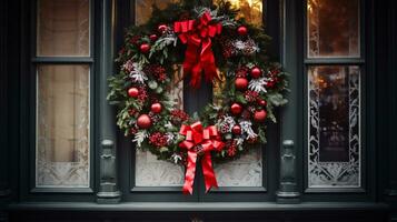 ai generativo Navidad guirnalda con rojo arco y bayas en el puerta cerca arriba foto