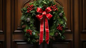 ai generative Christmas wreath with red bow and berries on the door close up photo