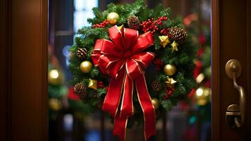 ai generativo Navidad guirnalda con rojo arco y bayas en el puerta cerca arriba foto