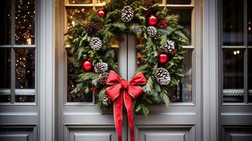 ai generative Christmas wreath with red bow and berries on the door close up photo
