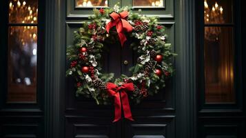 ai generativo Navidad guirnalda con rojo arco y bayas en el puerta cerca arriba foto