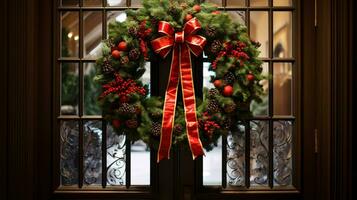 ai generativo Navidad guirnalda con rojo arco y bayas en el puerta cerca arriba foto