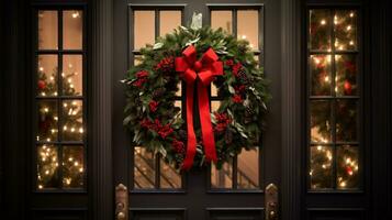 ai generative Christmas wreath with red bow and berries on the door close up photo