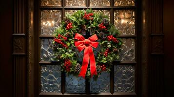 ai generative Christmas wreath with red bow and berries on the door close up photo