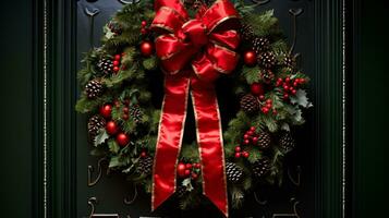 ai generative Christmas wreath with red bow and berries on the door close up photo