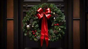 ai generative Christmas wreath with red bow and berries on the door close up photo