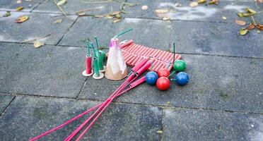 Fireworks. Little pyrotechnics and firecrackers. New Year's eve 2024 assortment. photo