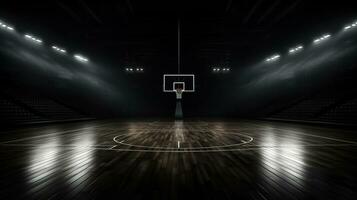 Basketball going through the basket on black backgorund, detail shot. Generative AI photo