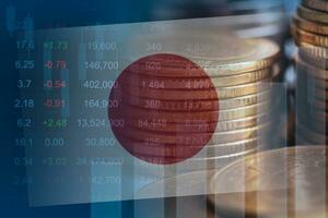 Japan flag with stock market finance, economy trend graph digital technology. photo