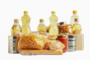 Foodstuffs in donation box isolated on white background for volunteer to help people. photo