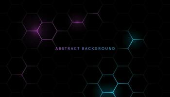 Futuristic honeycomb pattern with neon blue and purple hexagons on black vector