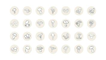 forest Mushroom icon set line black outline in circle. Vector in doodle style edible and inedible.