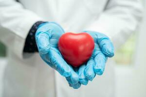 Doctor holding a red heart in hospital ward, healthy strong medical concept. photo