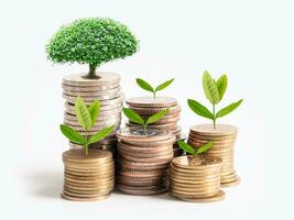 árbol plúmula hoja en salvar dinero apilar monedas, negocio Finanzas ahorro bancario inversión concepto. foto