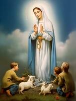 Virgin Mary, children prayers and goat. Our lady of fatima photo