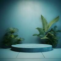 Empty concrete podium, green plants and leaves. Stage showcase for cosmetic products presentation photo