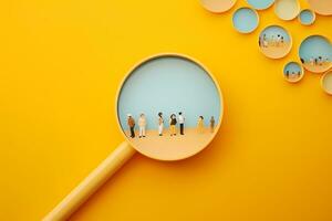 A magnifying glass finding people isolated on yellow background photo