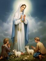 Virgin Mary, children prayers and goat. Our lady of fatima photo