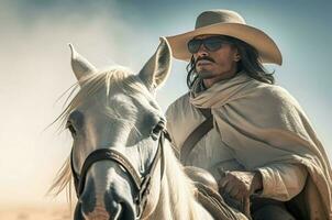 vaquero blanco sombrero en polvo. generar ai foto