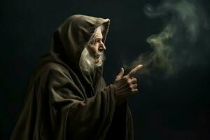 antiguo brujo fumar fantasía. generar ai foto