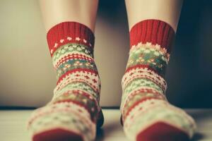 Christmas socks legs closeup. Generate Ai photo