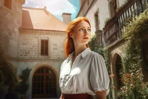 Red hair girl cinematic photo fashion. Generate Ai