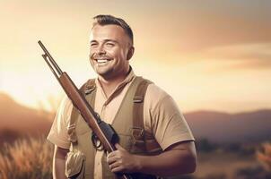 Happy smiling man with rifle. Generate Ai photo