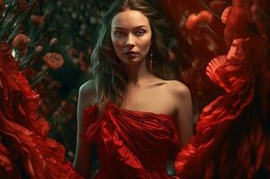 Beautiful woman in red dress in flowers. Generate AI photo