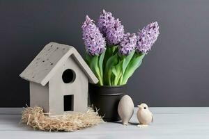 Bird house potted hyacinth flower. Generate Ai photo