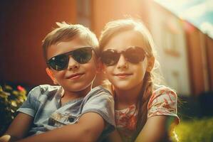 Best friends boy and girl sunny day. Generate Ai photo