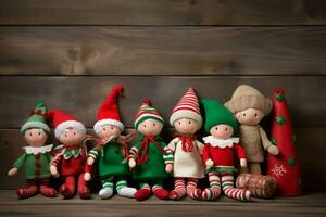 Christmas elves toys on wooden board. Generate Ai photo
