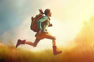 Dreamy girl running with backpack. Generate Ai photo