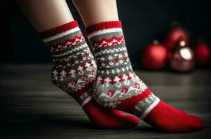 Navidad calcetines piernas. generar ai foto