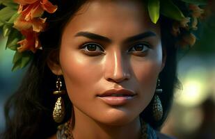 Closeup Hawaii female portrait hyper realism. Generate Ai photo