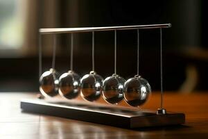 Newtons cradle wooden table sphere. Generate Ai photo