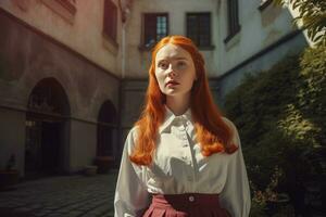 Red hair girl cinematic photo. Generate Ai photo