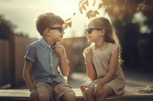 Best friends boy and girl at park bench. Generate Ai photo