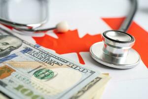 Black stethoscope with US dollar banknotes Canada flag background, Business and finance concept. photo