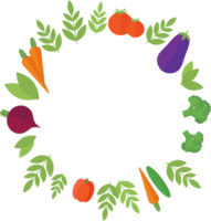 Rounded frame of vegetables - tomato, eggplant, broccoli, carrot, and green leaves in flat png