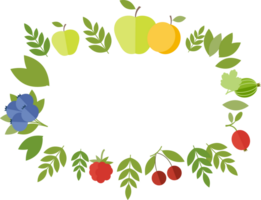 Frame of fruits and berries - apples, peach, cherries, blueberries, and green leaves in flat png