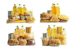 Foodstuff for donation, storage and delivery. Various food, pasta, cooking oil and canned food in cardboard box. photo