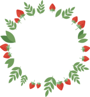 Round frame of strawberries and green leaves in flat png