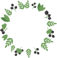 Round frame of blackcurrant berries and green leaves in flat png