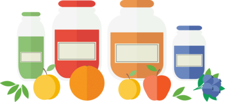 Several jars of jam or juice and fruits, berries on the table png