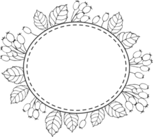 Rounded frame with hawthorn branches - berries and leaves, sketch illustration black and white silhouette png