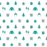 Seamless pattern with Christmas details - tree, decoration, gift, sweater, hat and mittens png