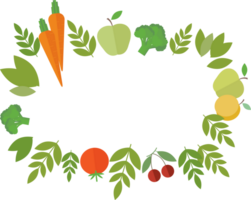 Frame of fruits and vegetables - tomato, apple, cherry, carrot, and green leaves in flat png