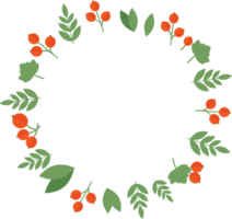 Round frame of red currant berries and green leaves in flat png